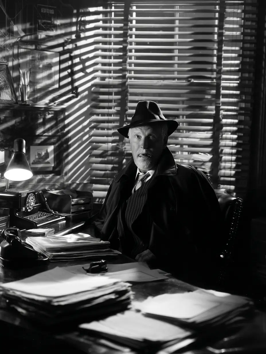 Detective Watson at desk in trench coat — Noir Cigar host Scott Watson